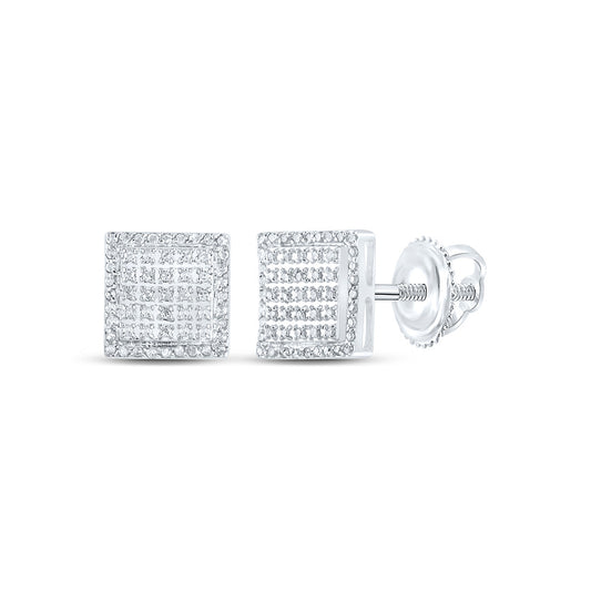 10kt White Gold Mens Round Diamond Square Earrings 1/3 Cttw