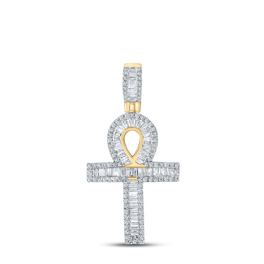 10kt Yellow Gold Mens Baguette Diamond Ankh Charm Pendant 3/4 Cttw