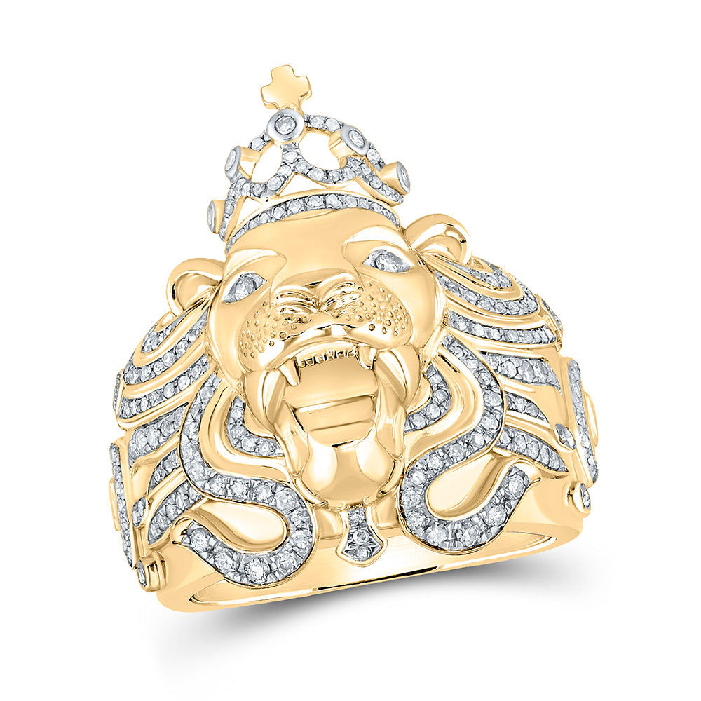 10kt Yellow Gold Mens Round Diamond Lion Face Crown Fashion Ring 3/4 Cttw