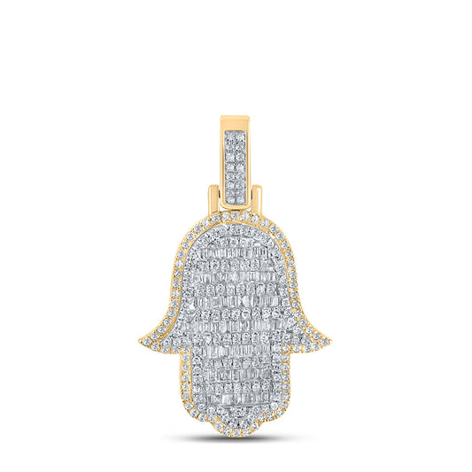 10kt Yellow Gold Mens Baguette Diamond Hamsa Charm Pendant 7/8 Cttw