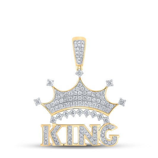10kt Yellow Gold Mens Round Diamond King Crown Charm Pendant 7/8 Cttw