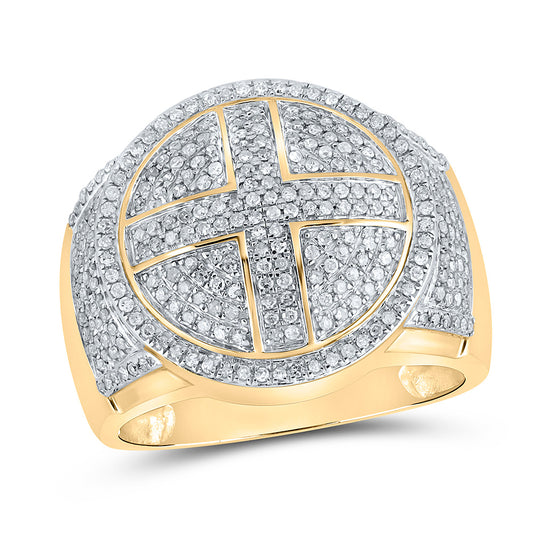 10kt Yellow Gold Mens Round Diamond Cross Circle Ring 3/4 Cttw