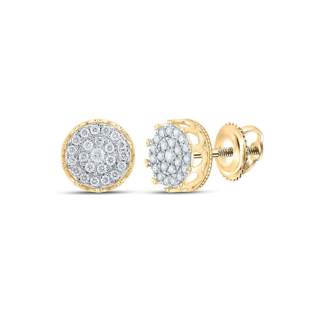 10kt Yellow Gold Mens Round Diamond Cluster Earrings 1 Cttw