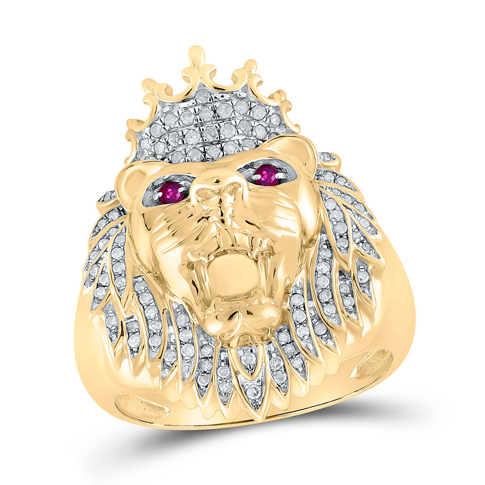 10kt Yellow Gold Mens Round Diamond Lion Animal Ring 1/2 Cttw