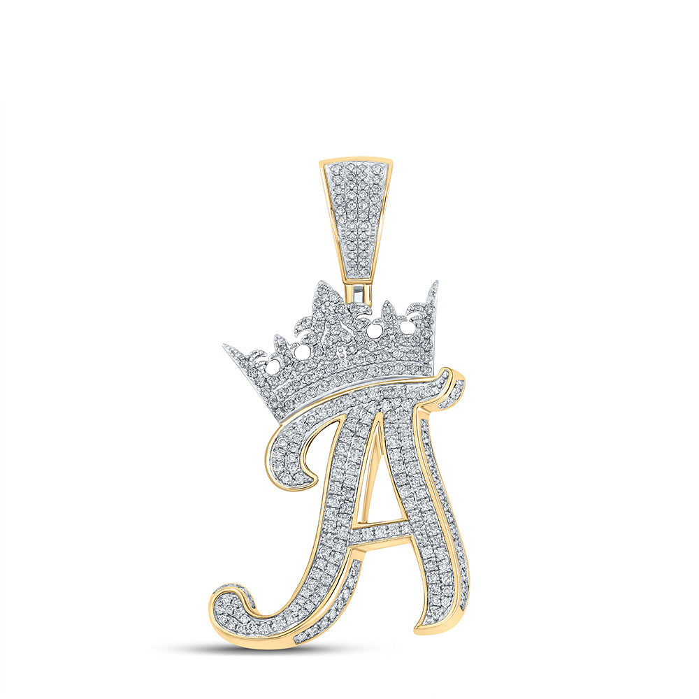10kt Two-tone Gold Mens Round Diamond Crown A Letter Charm Pendant 1-1/2 Cttw