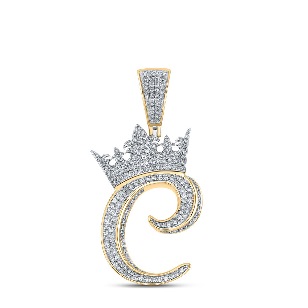 10kt Two-tone Gold Mens Round Diamond Crown C Letter Charm Pendant 1-1/3 Cttw