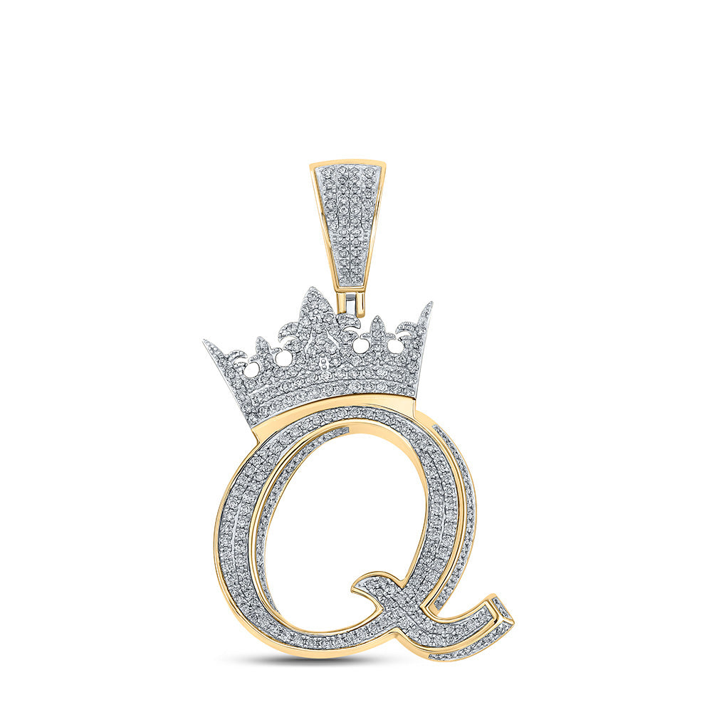 10kt Two-tone Gold Mens Round Diamond Q Crown Letter Charm Pendant 1-3/8 Cttw