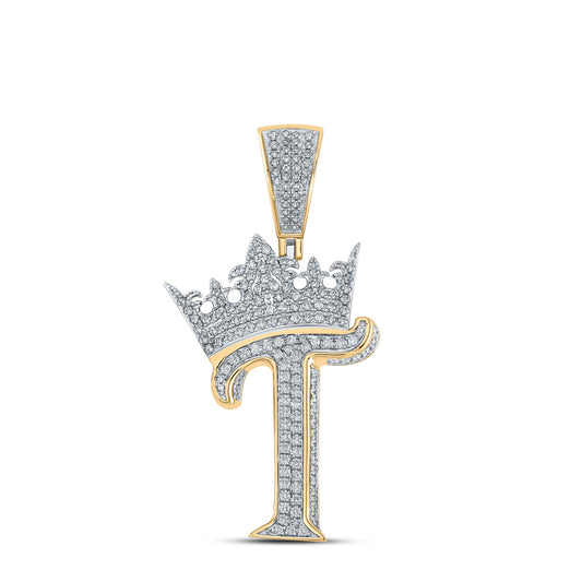 10kt Two-tone Gold Mens Round Diamond Crown T Letter Charm Pendant 1 Cttw