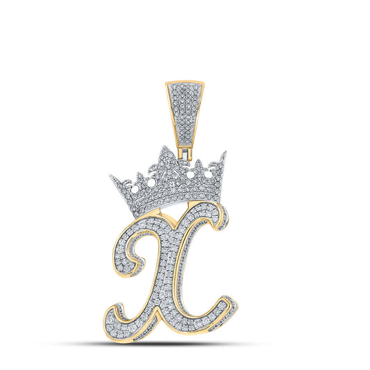 10kt Two-tone Gold Mens Round Diamond X Crown Letter Charm Pendant 1-1/2 Cttw