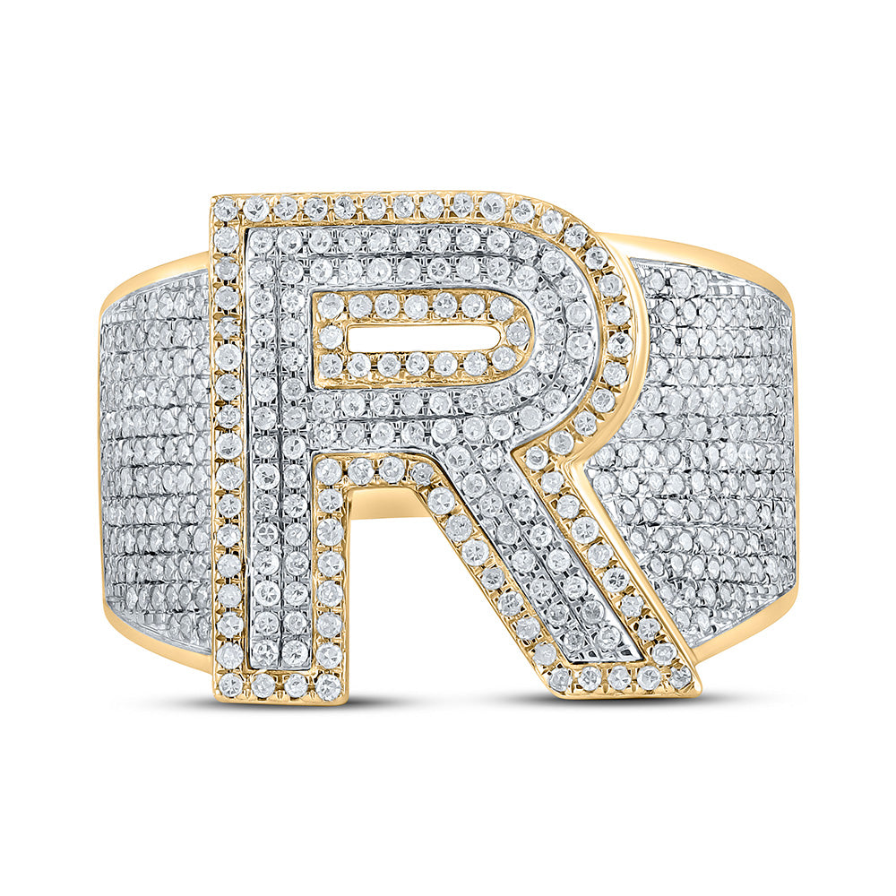 10kt Two-tone Gold Mens Round Diamond R Initial Letter Ring 1-1/4 Cttw