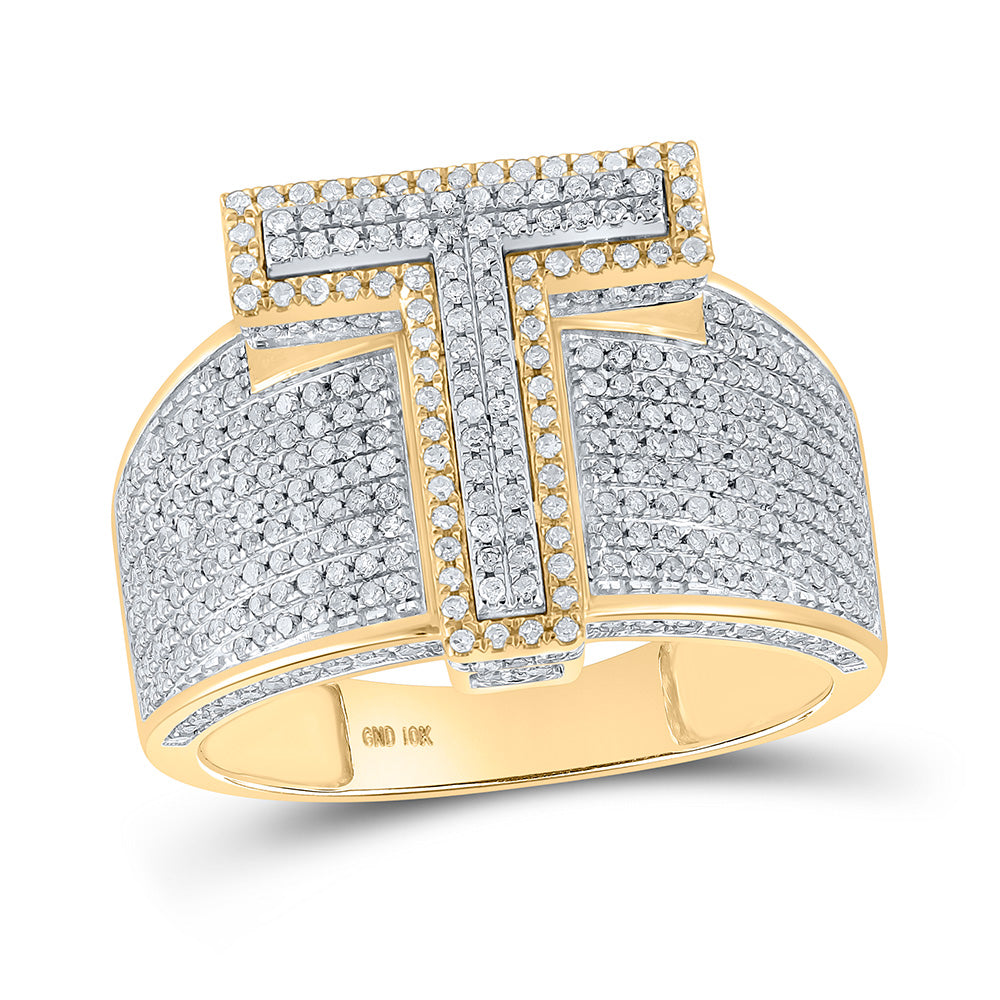 10kt Two-tone Gold Mens Round Diamond T Initial Letter Ring 1-1/5 Cttw