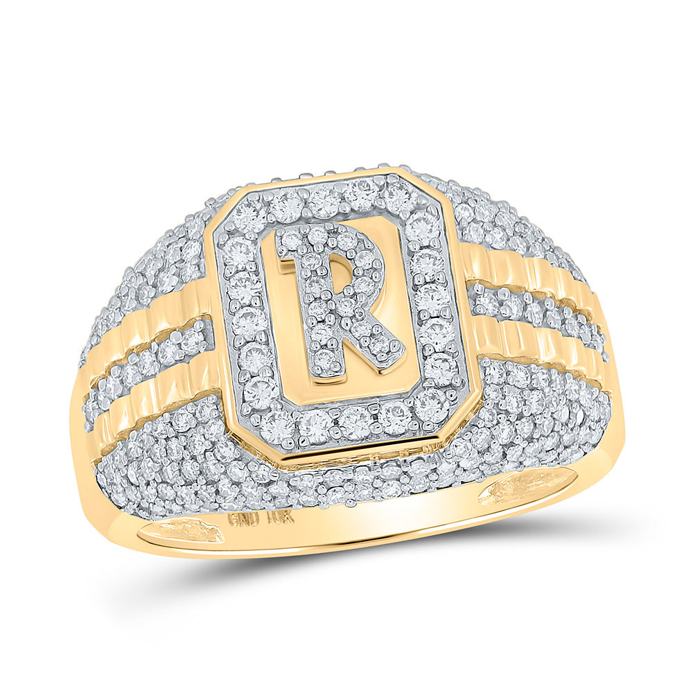 10kt Yellow Gold Mens Round Diamond Initial R Letter Ring 1-1/3 Cttw
