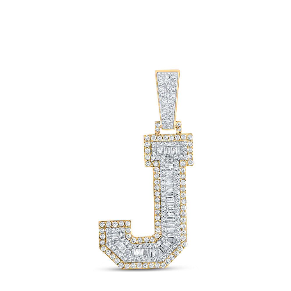 10kt Two-tone Gold Mens Baguette Diamond J Initial Letter Charm Pendant 1-3/8 Cttw
