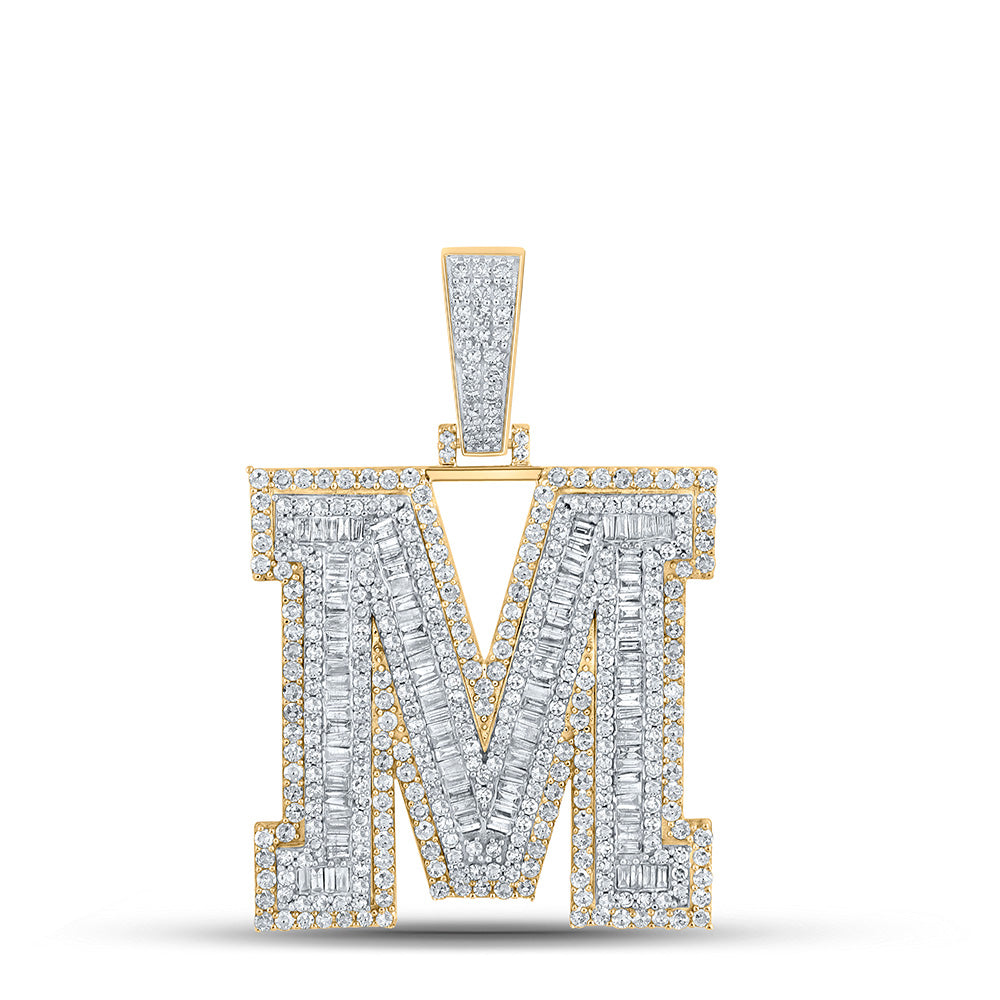 10kt Two-tone Gold Mens Baguette Diamond M Initial Letter Charm Pendant 2-7/8 Cttw