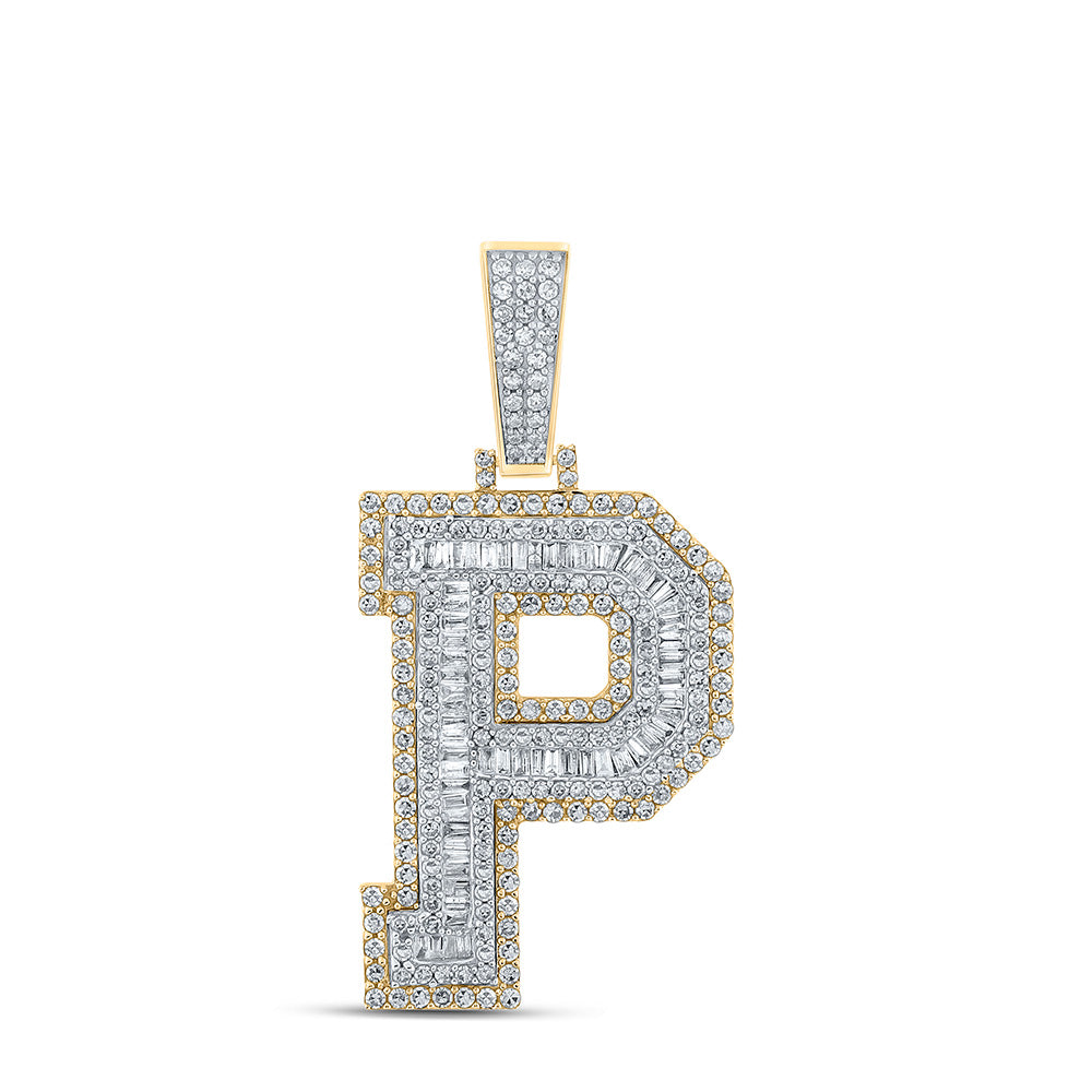 10kt Two-tone Gold Mens Baguette Diamond P Initial Letter Charm Pendant 1-7/8 Cttw