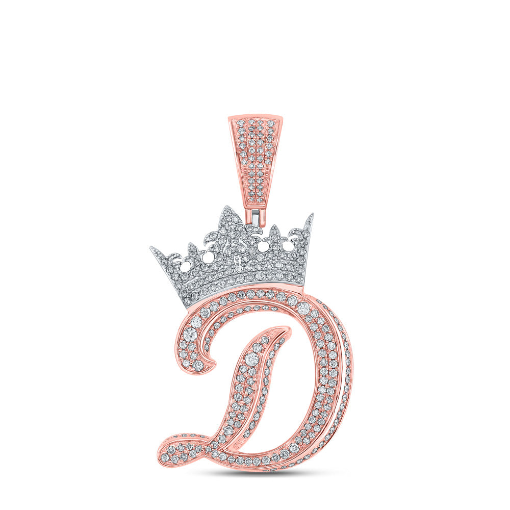 10kt Two-tone Gold Mens Round Diamond Crown D Letter Charm Pendant 1-5/8 Cttw
