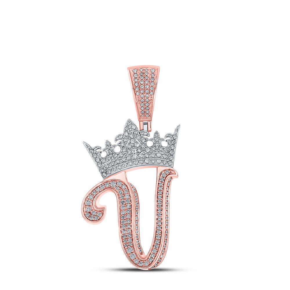 10kt Two-tone Gold Mens Round Diamond Crown V Letter Charm Pendant 1-1/5 Cttw