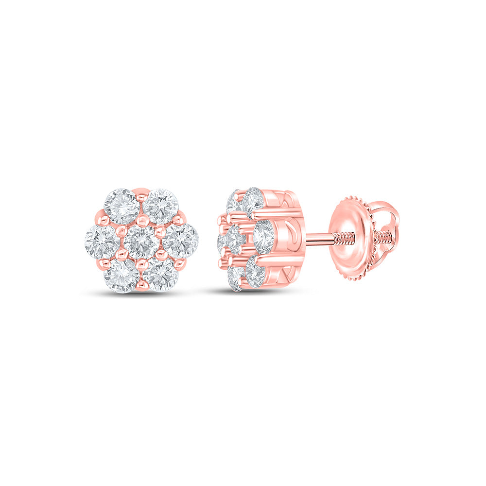10kt Rose Gold Mens Round Diamond Flower Cluster Earrings 1/3 Cttw