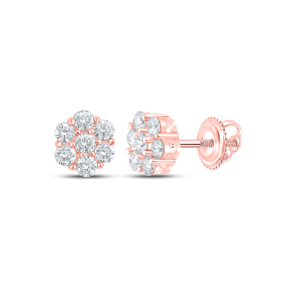 10kt Rose Gold Mens Round Diamond Flower Cluster Earrings 5/8 Cttw