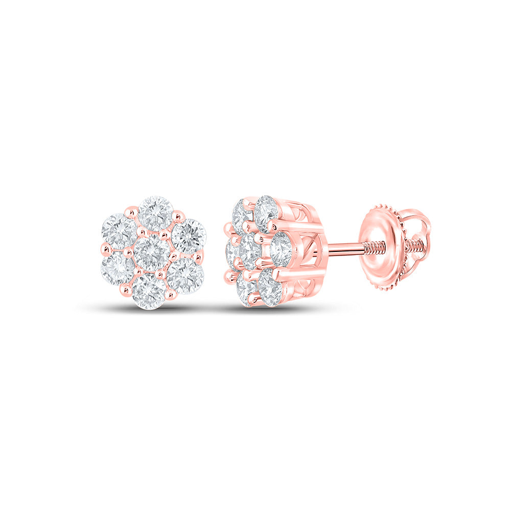 10kt Rose Gold Mens Round Diamond Flower Cluster Earrings 3/4 Cttw