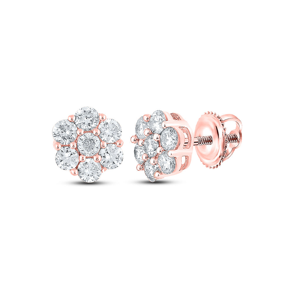10kt Rose Gold Mens Round Diamond Flower Cluster Earrings 1 Cttw