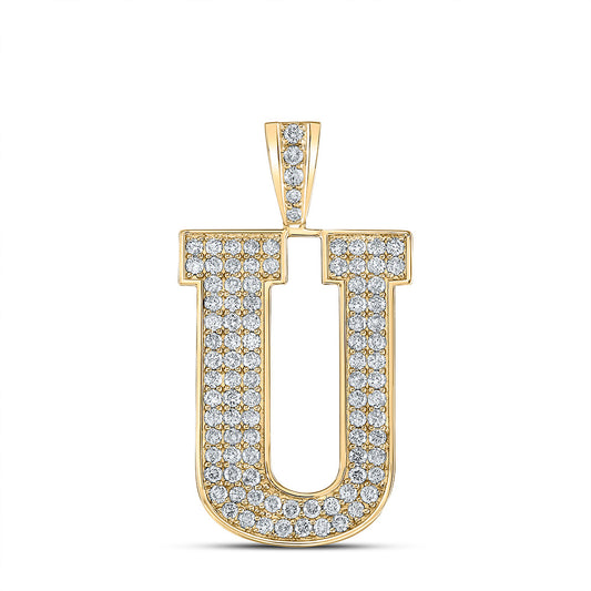 10kt Yellow Gold Mens Round Diamond U Initial Letter Charm Pendant 1-5/8 Cttw