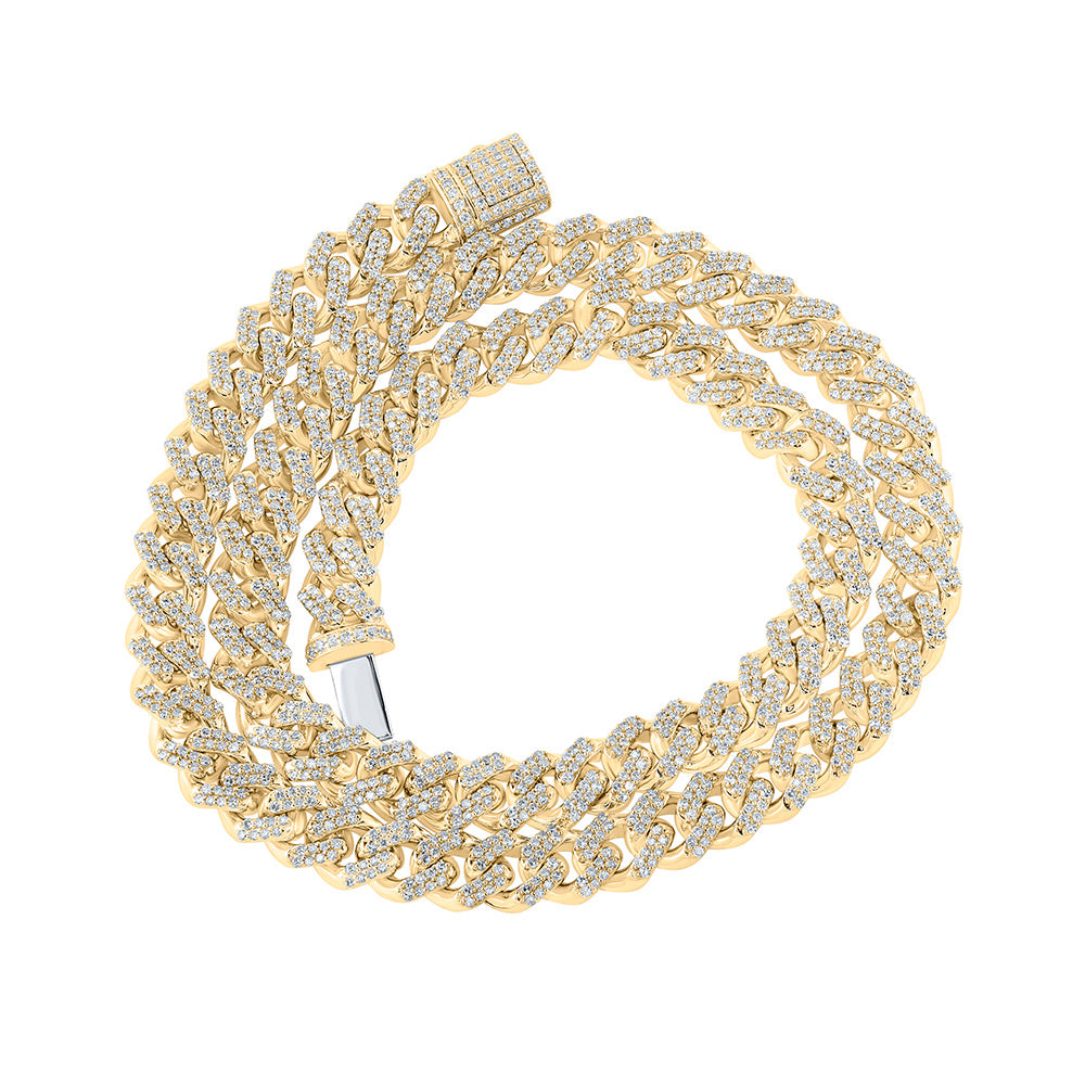 10kt Yellow Gold Mens Round Diamond Cuban Link Chain Necklace 12-3/8 Cttw