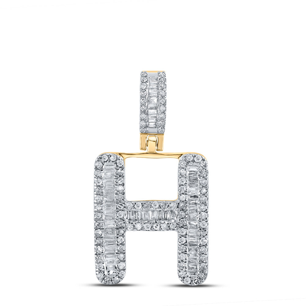 10kt Yellow Gold Mens Baguette Diamond H Initial Letter Pendant 1/2 Cttw