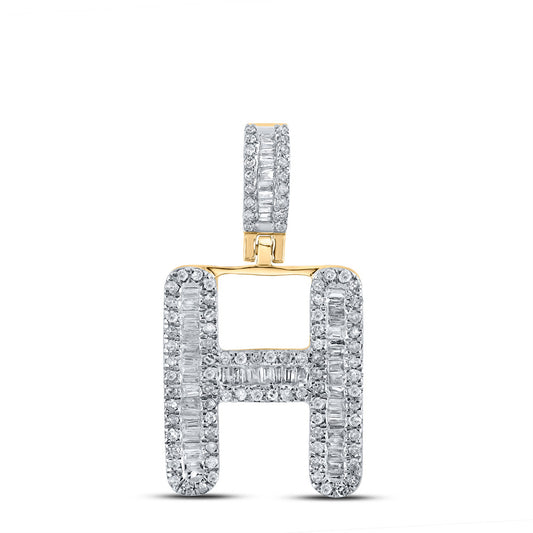 10kt Yellow Gold Mens Baguette Diamond H Initial Letter Pendant 1/2 Cttw