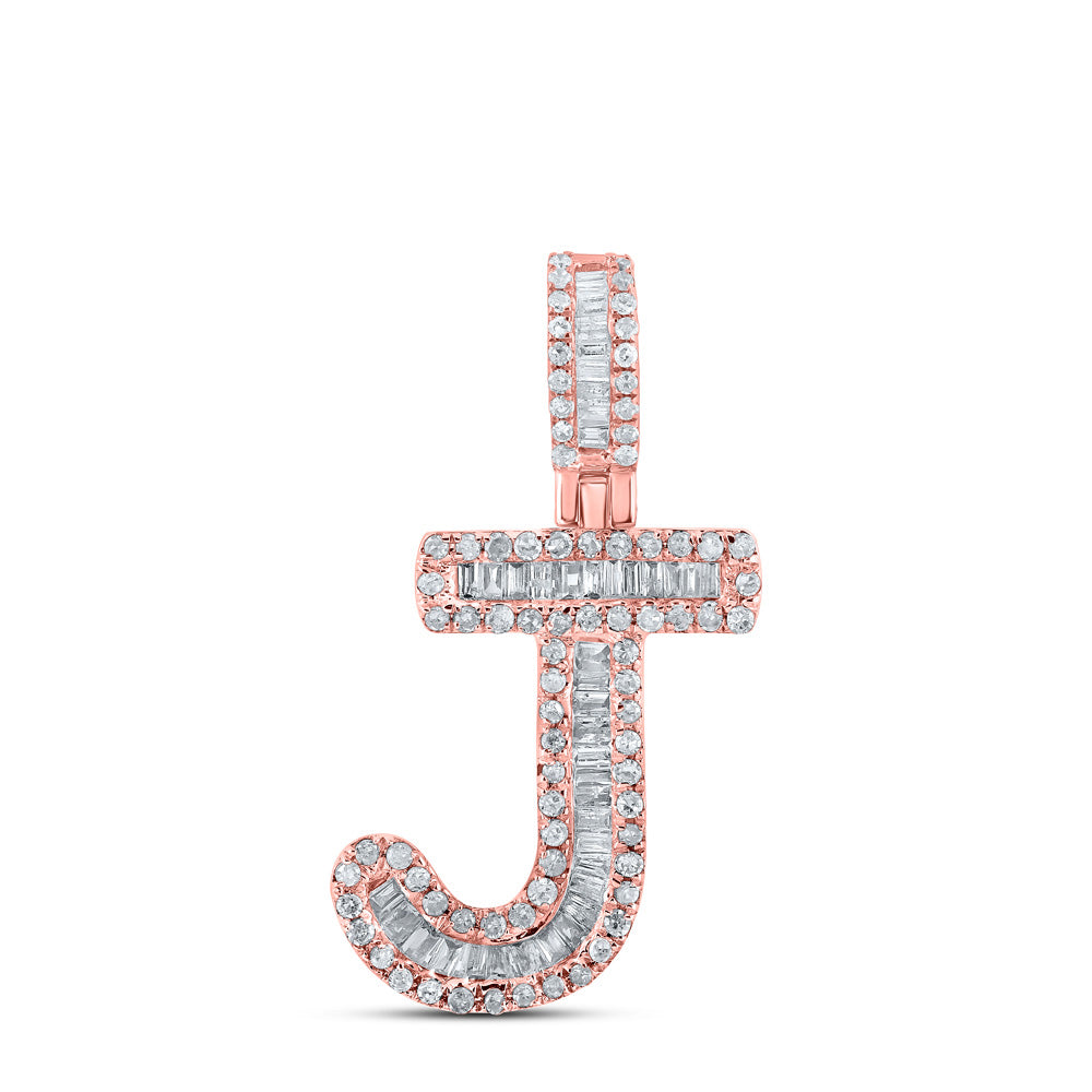 10kt Rose Gold Mens Baguette Diamond J Initial Letter Pendant 3/8 Cttw