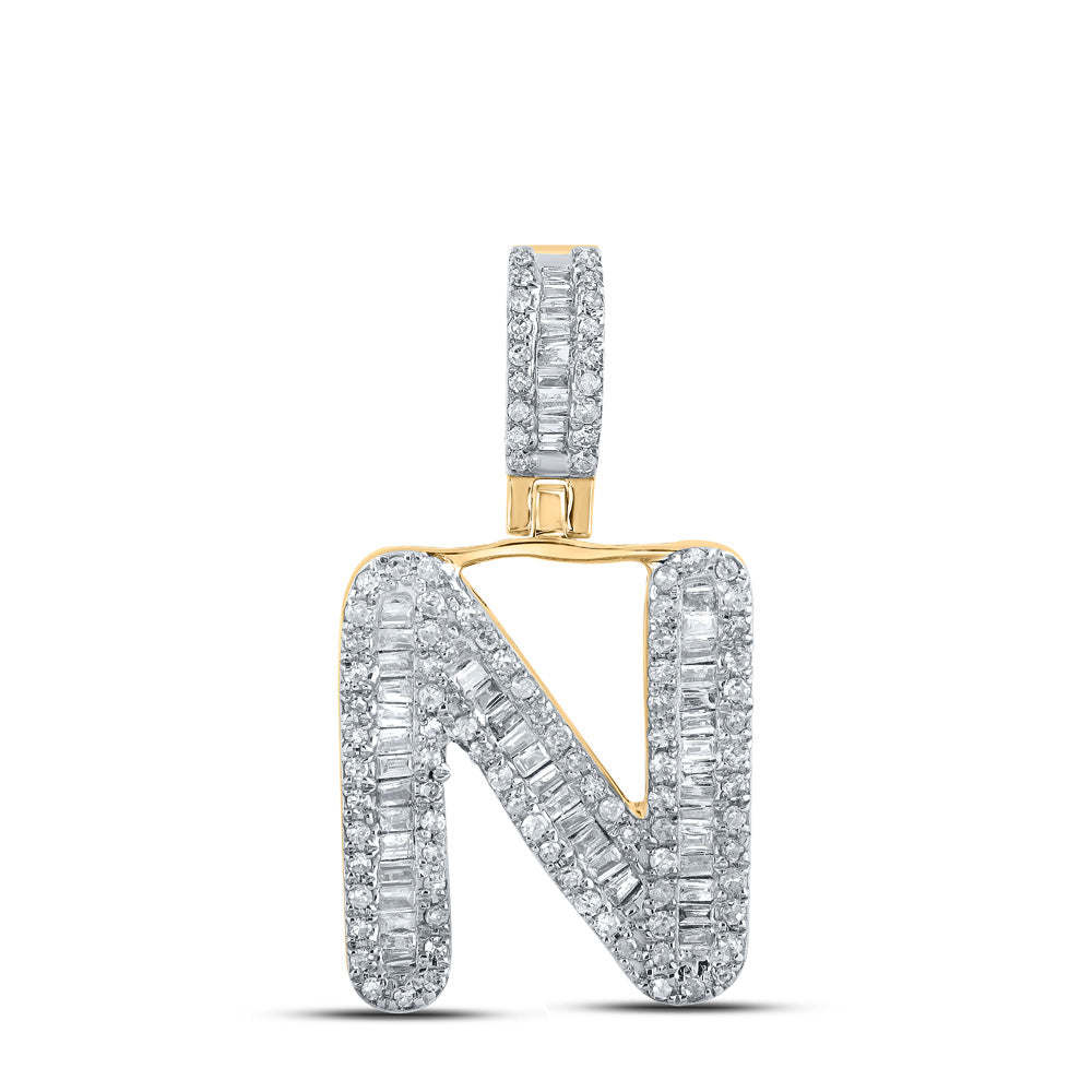 10kt Yellow Gold Mens Baguette Diamond N Initial Letter Pendant 1/2 Cttw