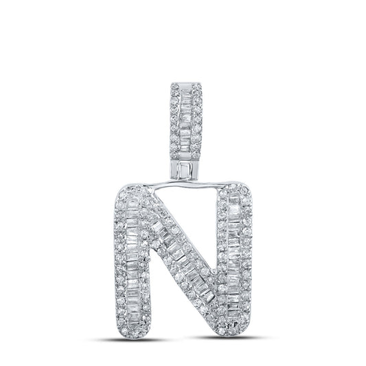 10kt White Gold Mens Baguette Diamond N Initial Letter Pendant 1/2 Cttw