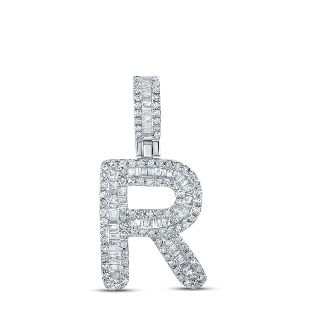 10kt White Gold Mens Baguette Diamond R Initial Letter Pendant 1/2 Cttw