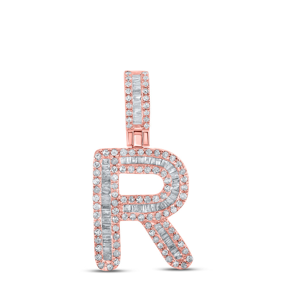 10kt Rose Gold Mens Baguette Diamond R Initial Letter Pendant 1/2 Cttw