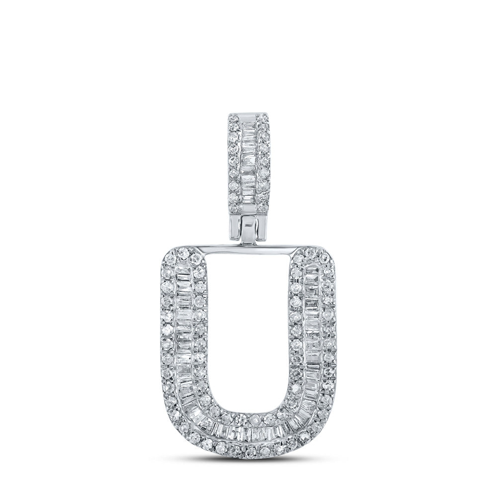 10kt White Gold Mens Baguette Diamond U Initial Letter Pendant 3/8 Cttw