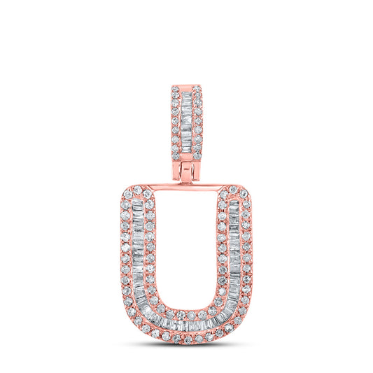 10kt Rose Gold Mens Baguette Diamond U Initial Letter Pendant 3/8 Cttw