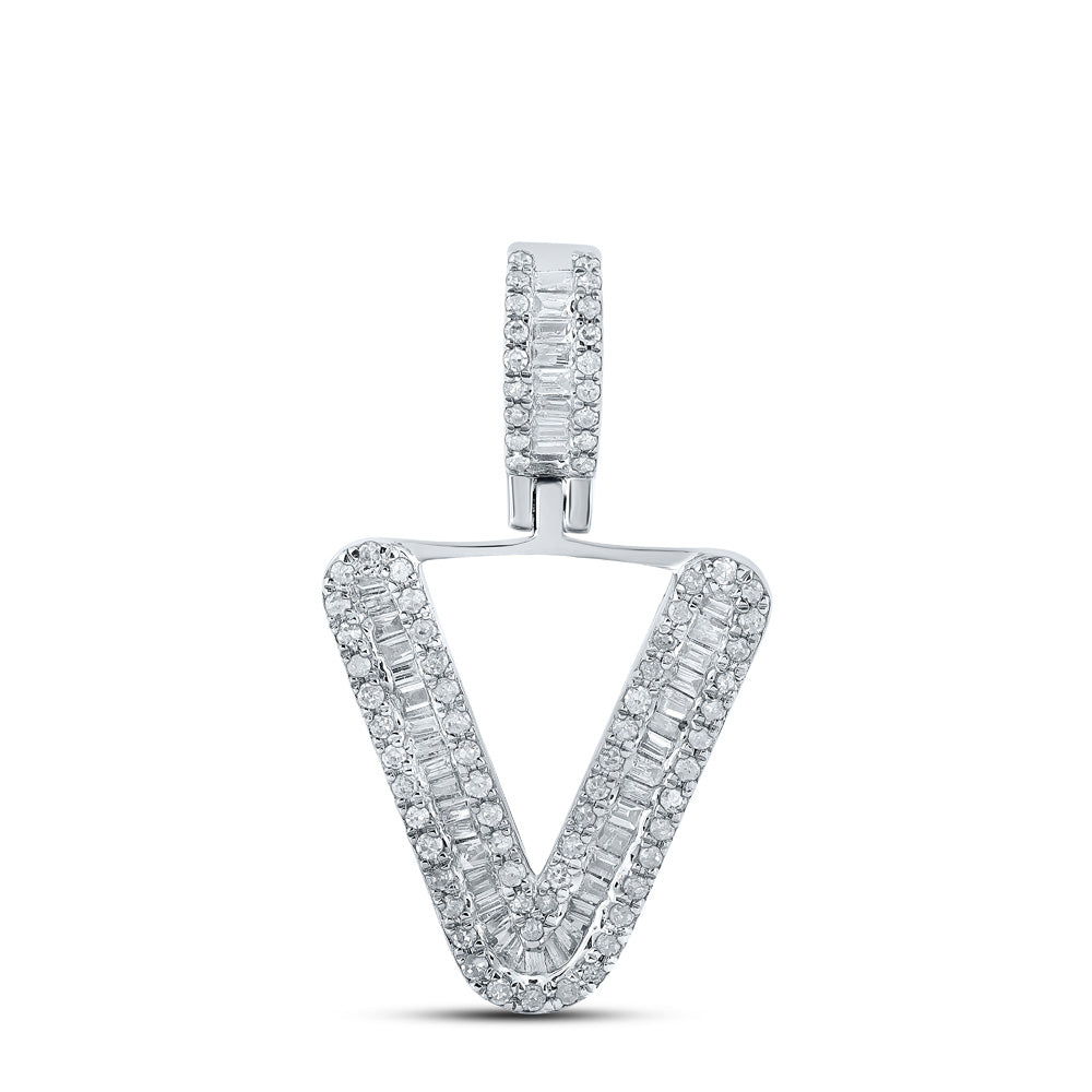 10kt White Gold Mens Baguette Diamond V Initial Letter Charm Pendant 3/8 Cttw