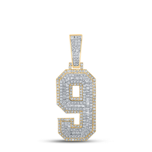 10kt Two-tone Gold Mens Baguette Diamond Number 9 Charm Pendant 1-5/8 Cttw