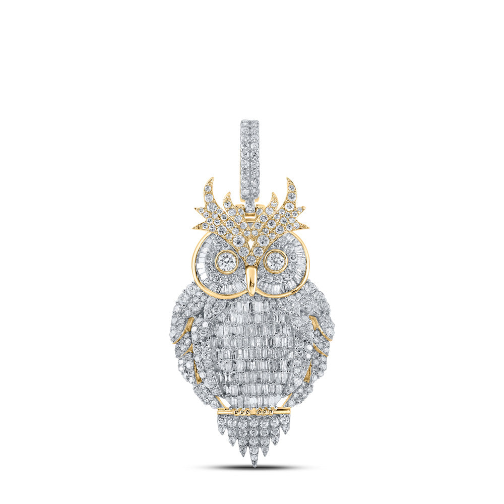 10kt Yellow Gold Mens Baguette Diamond Owl Bird Charm Pendant 3-7/8 Cttw