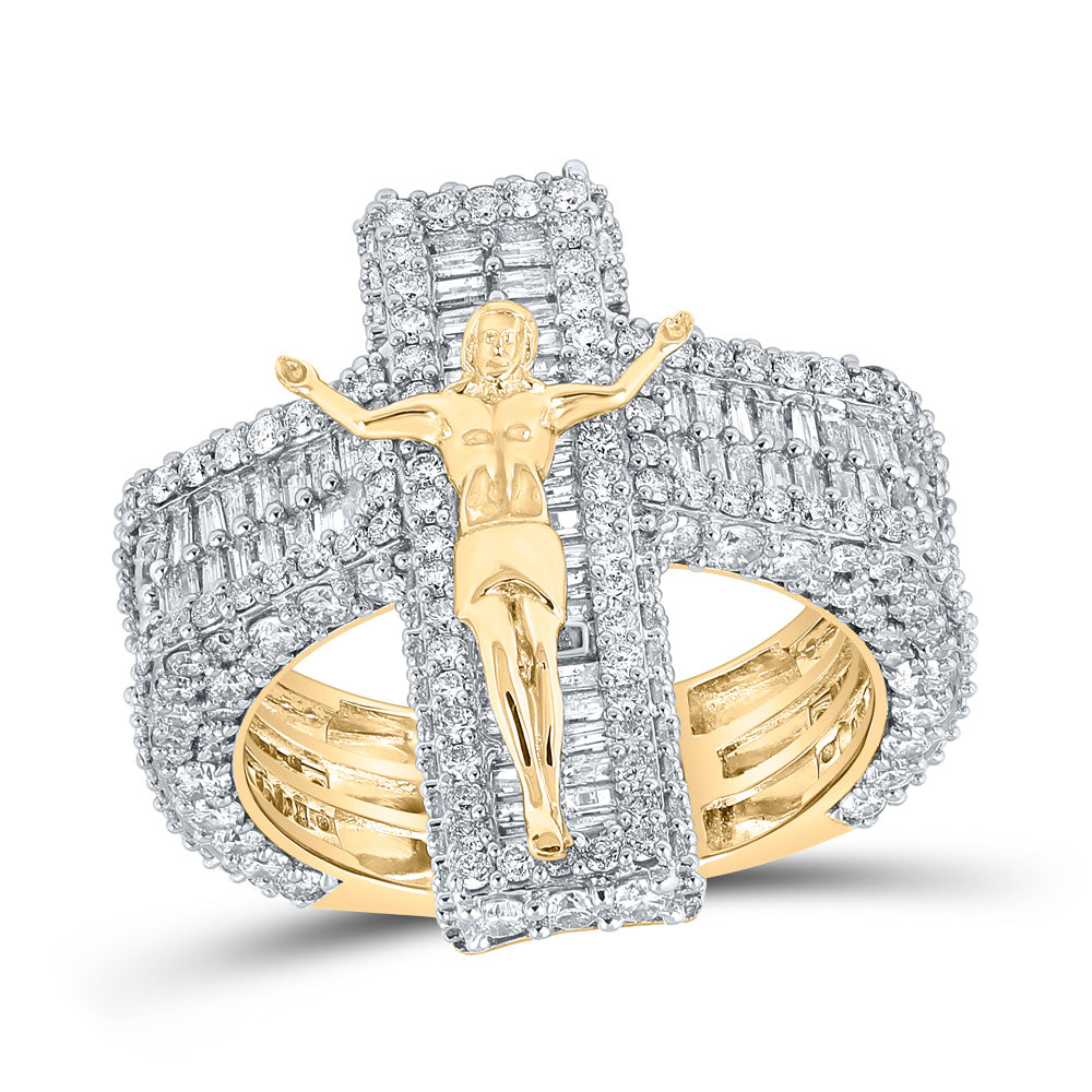 10kt Yellow Gold Mens Baguette Diamond Jesus Cross Ring 4-1/2 Cttw