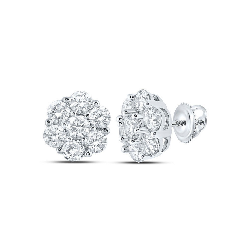 10kt White Gold Mens Round Diamond Flower Cluster Earrings 7/8 Cttw