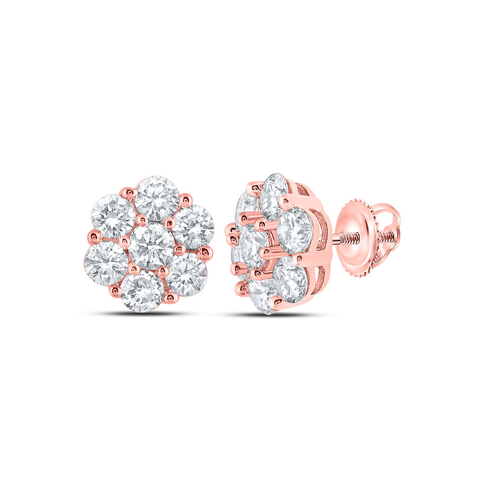 10kt Rose Gold Mens Round Diamond Flower Cluster Earrings 7/8 Cttw