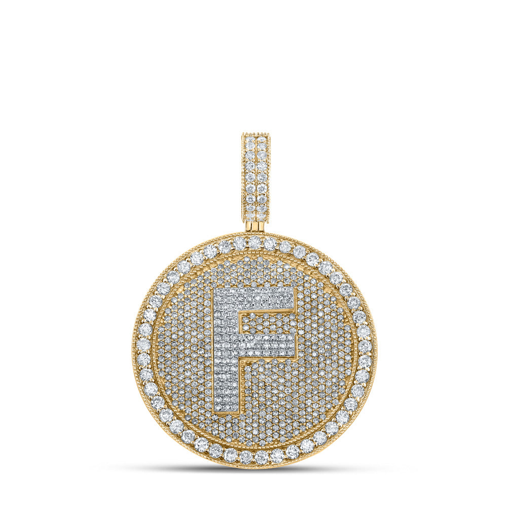 10kt Two-tone Gold Mens Round Diamond Letter F Circle Charm Pendant 3-7/8 Cttw