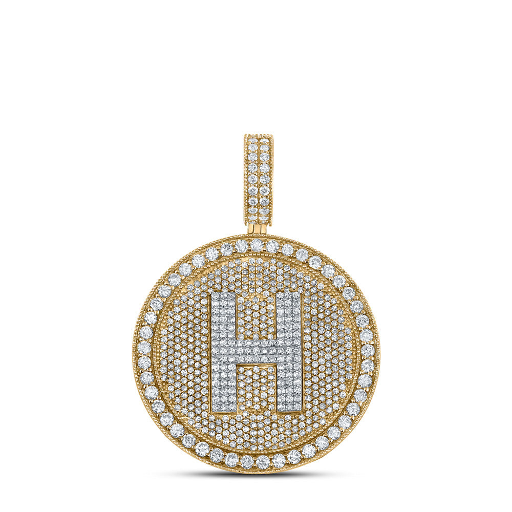 10kt Two-tone Gold Mens Round Diamond Letter H Circle Charm Pendant 3-3/4 Cttw