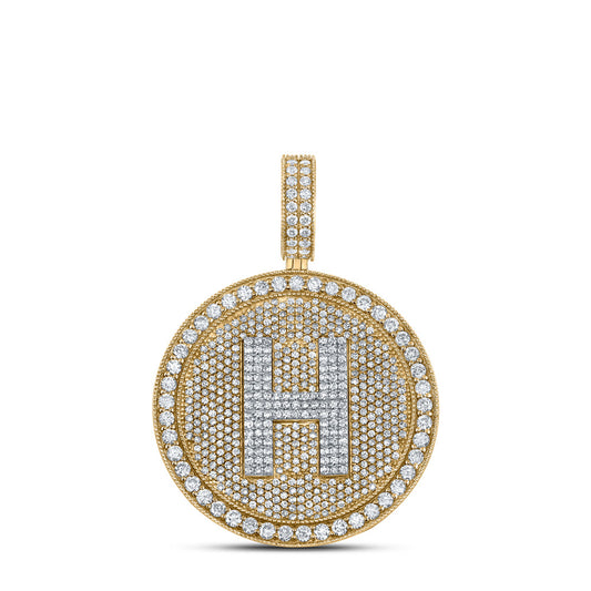 10kt Two-tone Gold Mens Round Diamond Letter H Circle Charm Pendant 3-3/4 Cttw