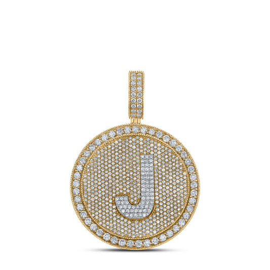 10kt Two-tone Gold Mens Round Diamond Letter J Circle Charm Pendant 3-7/8 Cttw