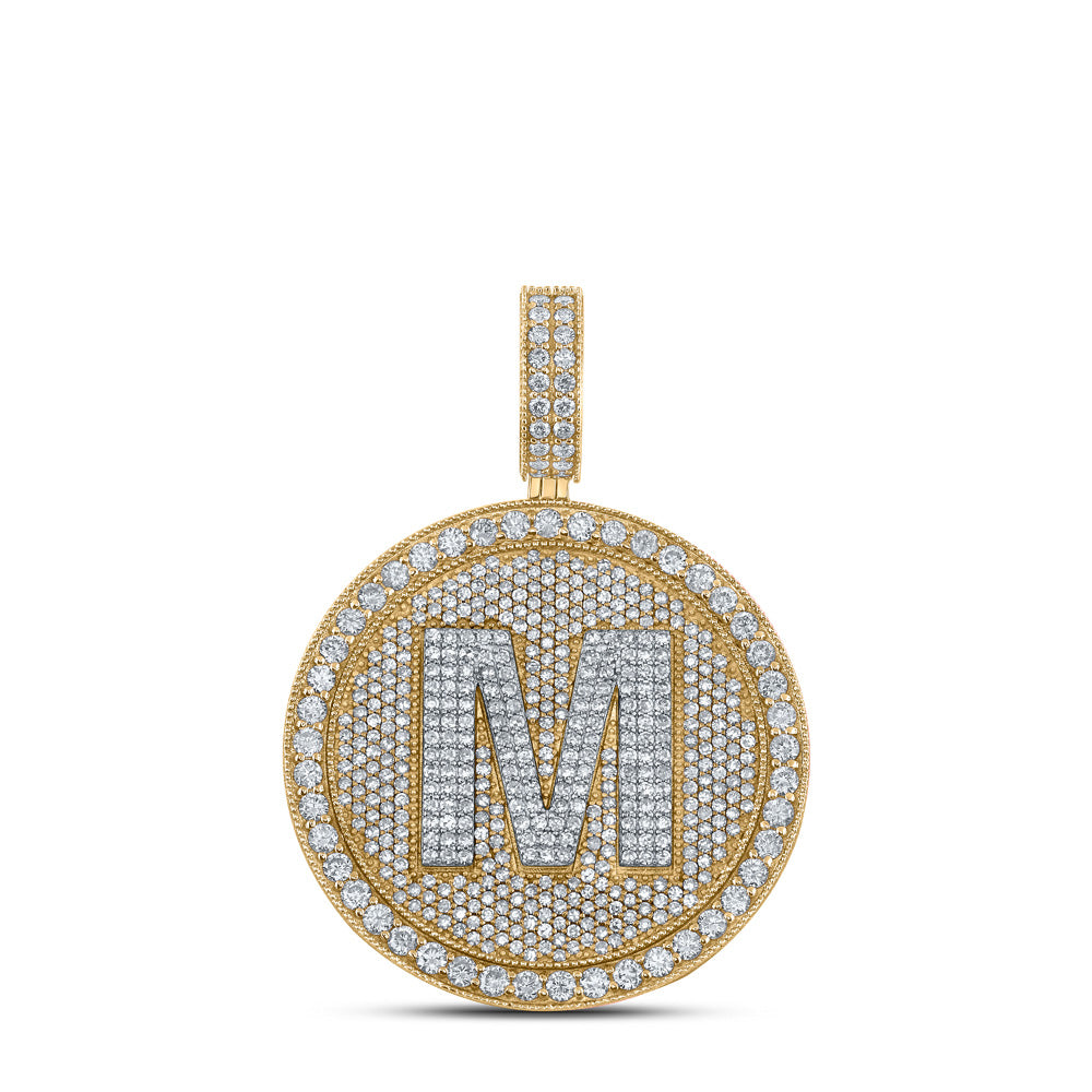 10kt Two-tone Gold Mens Round Diamond Letter M Circle Charm Pendant 3-5/8 Cttw