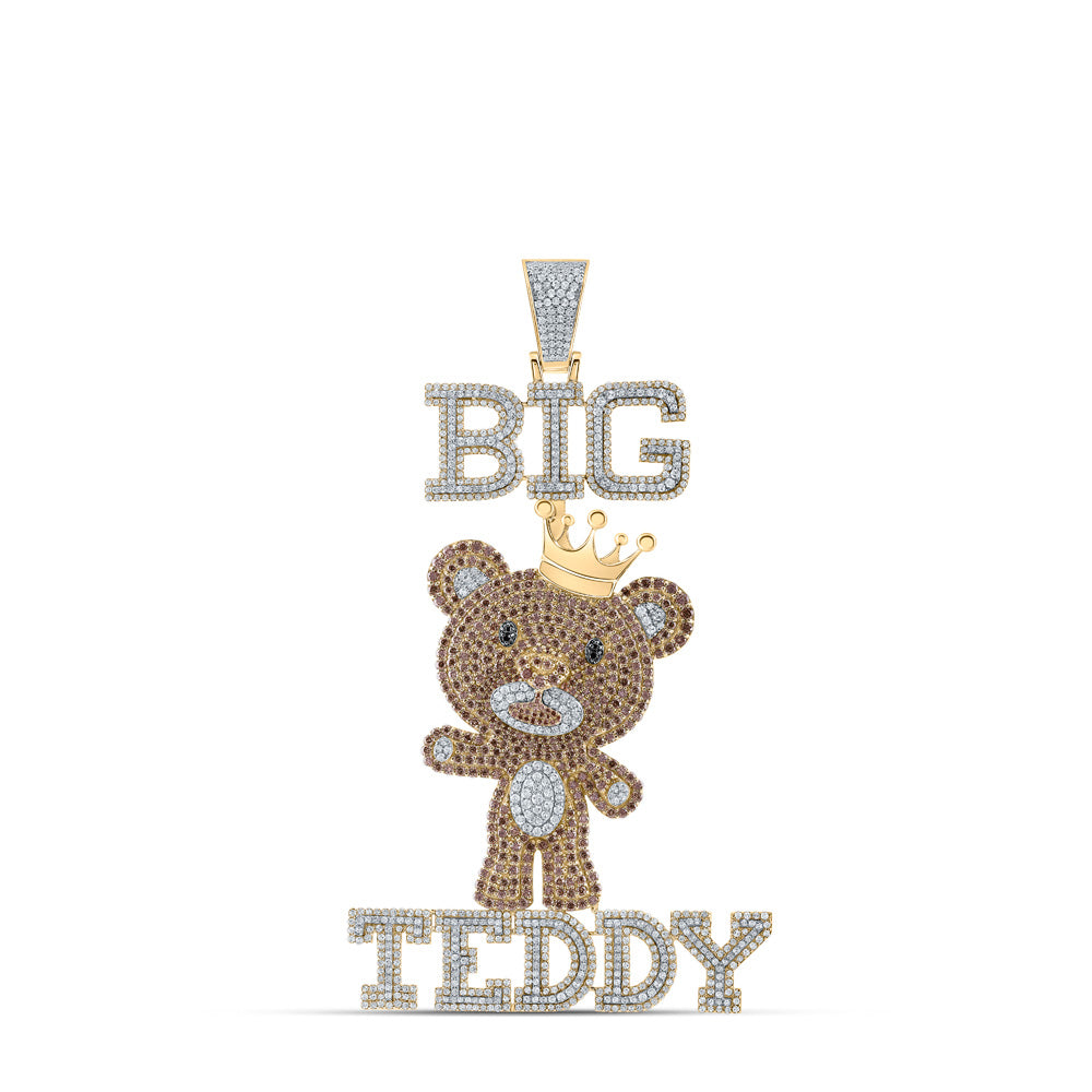 10kt Yellow Gold Mens Round Brown Diamond Big Teddy Bear Charm Pendant 12-3/4 Cttw