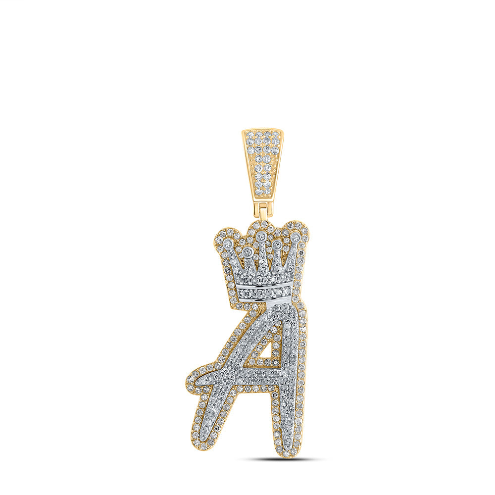 10kt Yellow Gold Mens Round Diamond A Crown Letter Charm Pendant 1-1/4 Cttw