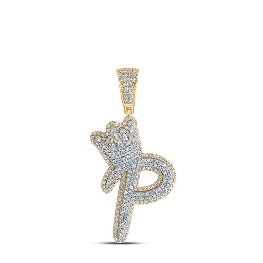 10kt Yellow Gold Mens Round Diamond P Crown Letter Charm Pendant 1 Cttw